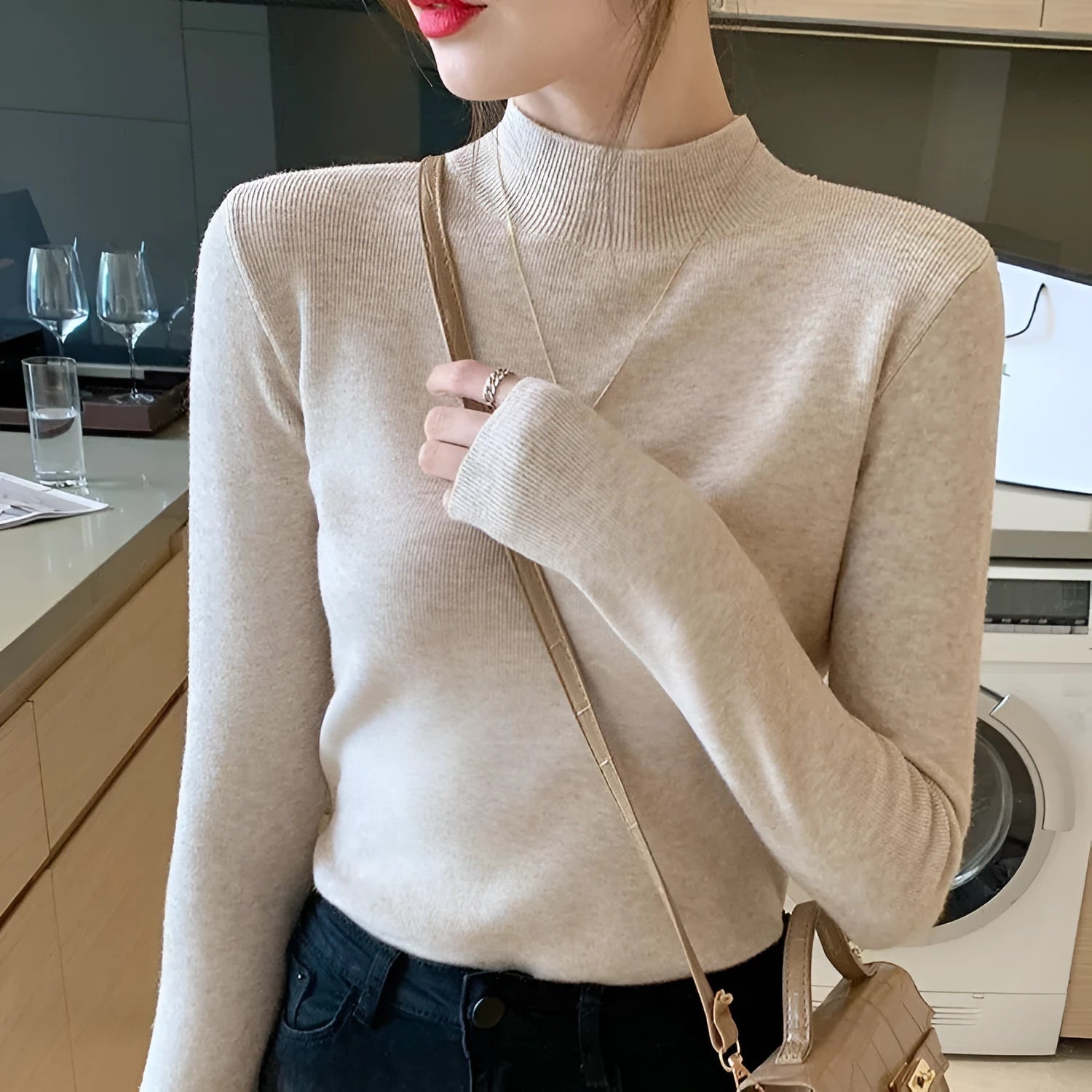 Slim fit inner knitted bottoming shirt in viscose fibre available in eight colours with long sleeves