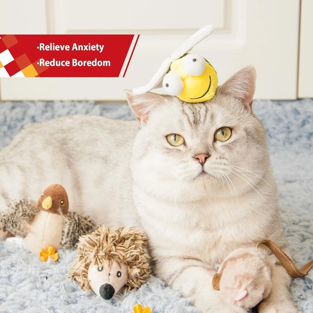 Yellow bee-shaped flannelette cat toy with electronic sound component for motion-activated chirping