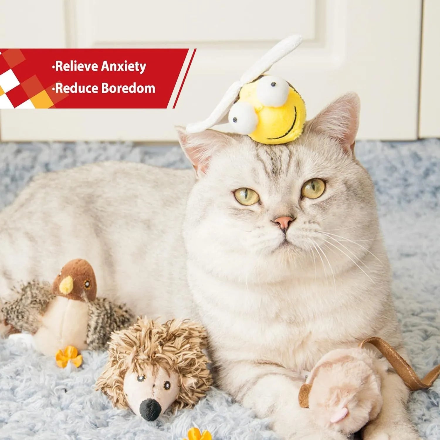 Yellow bee-shaped flannelette cat toy with electronic sound component for motion-activated chirping