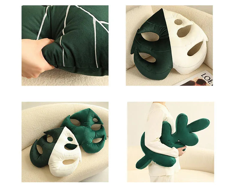 Green plant pillow with embroidered philodendron leaves on plush fabric, 52x44cm large size