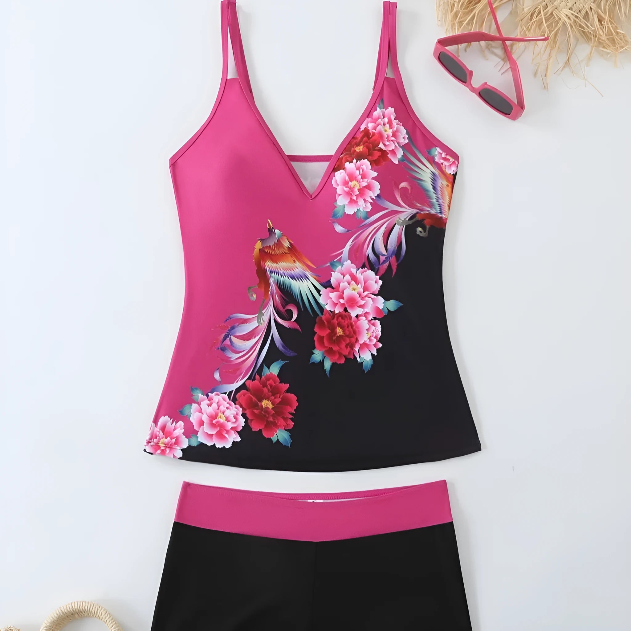 Plus size black and rose red two-piece swimsuit set with briefs and swimming trunks.