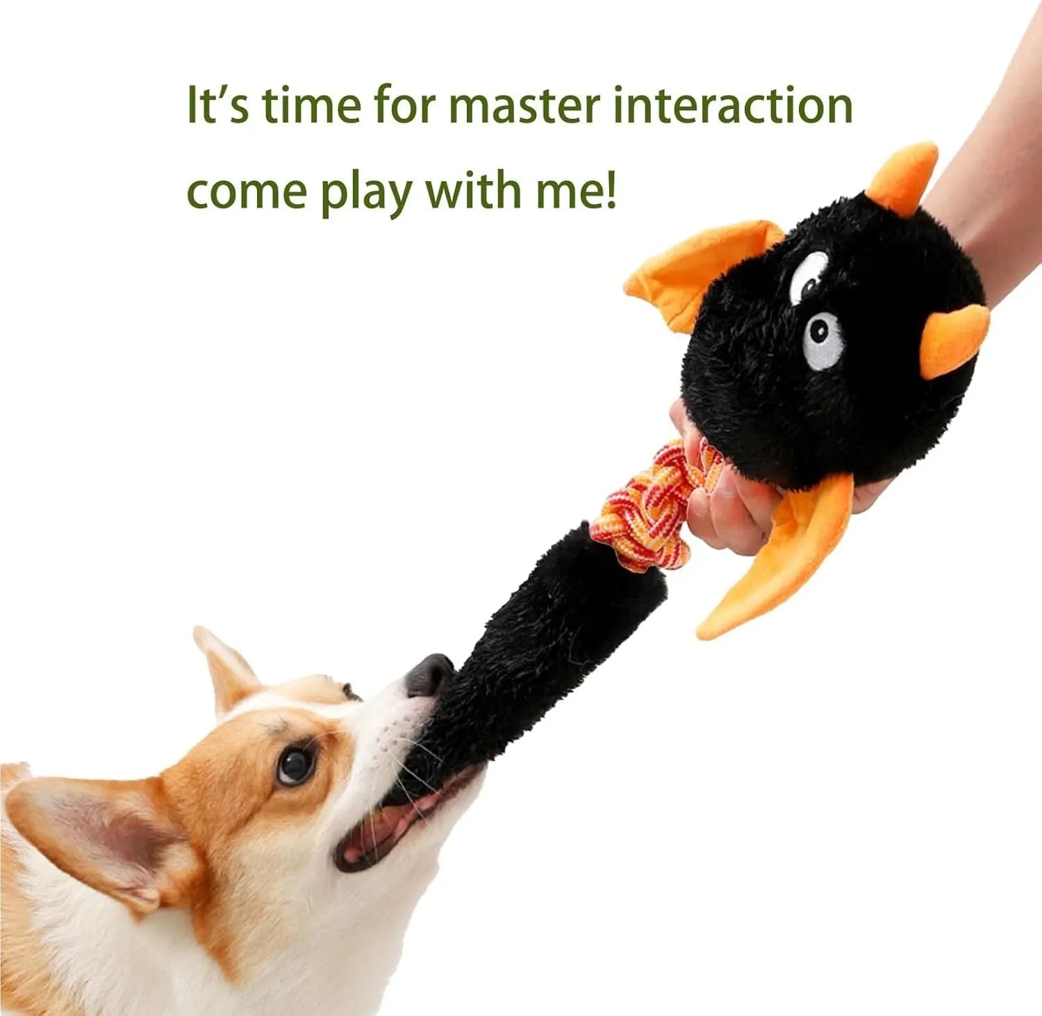 Plush cartoon dog toy with rope knot, in black, green, or red colour, shown next to a tape measure indicating 44 cm length.