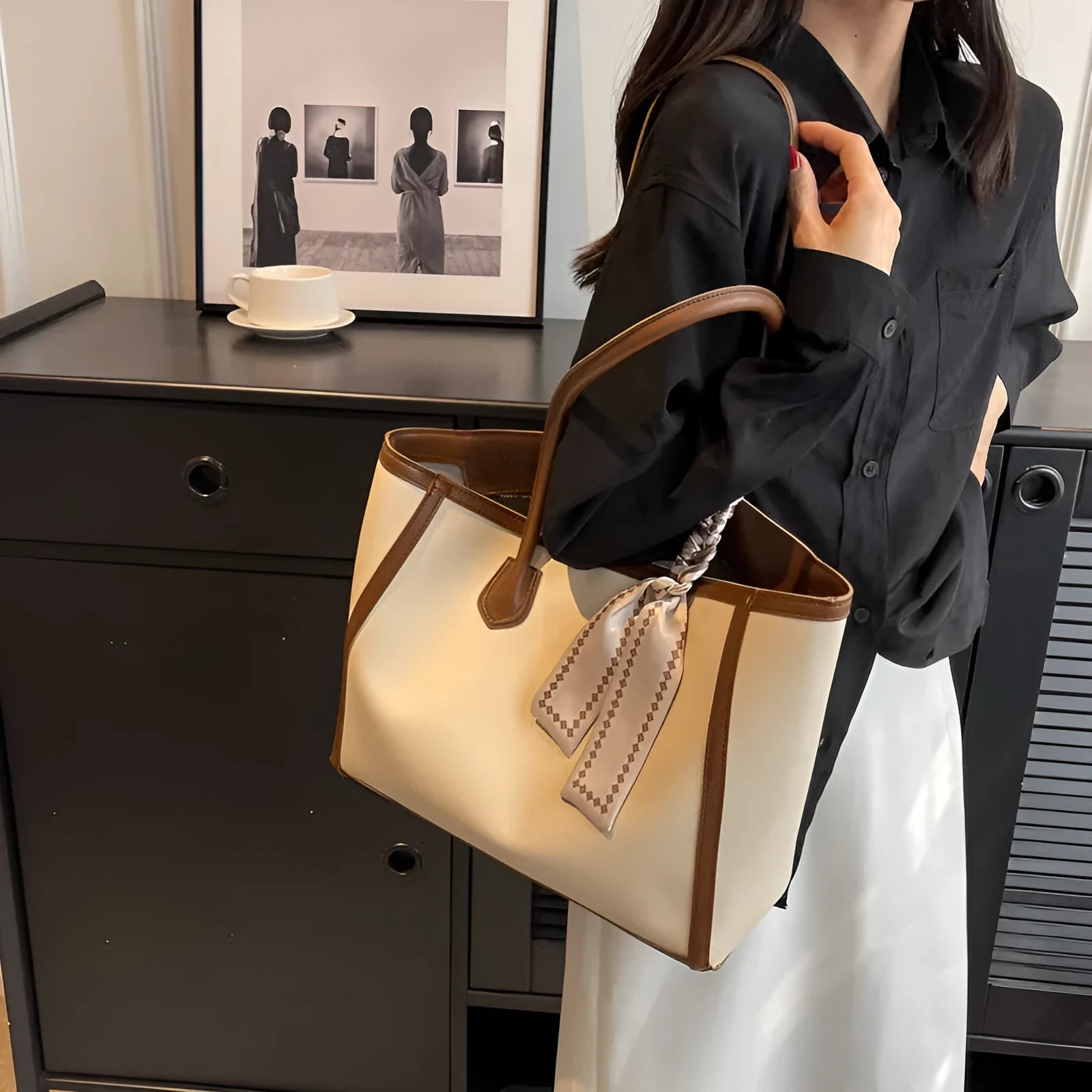 Advanced Texture Winter Commuter Tote Shoulder Bag in black colour, horizontal square shape with open outer pocket and textured PU finish