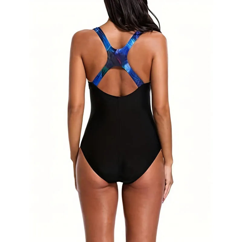 Women's one-piece printed swimsuit with floral pattern, backless high-elasticity polyester-spandex design