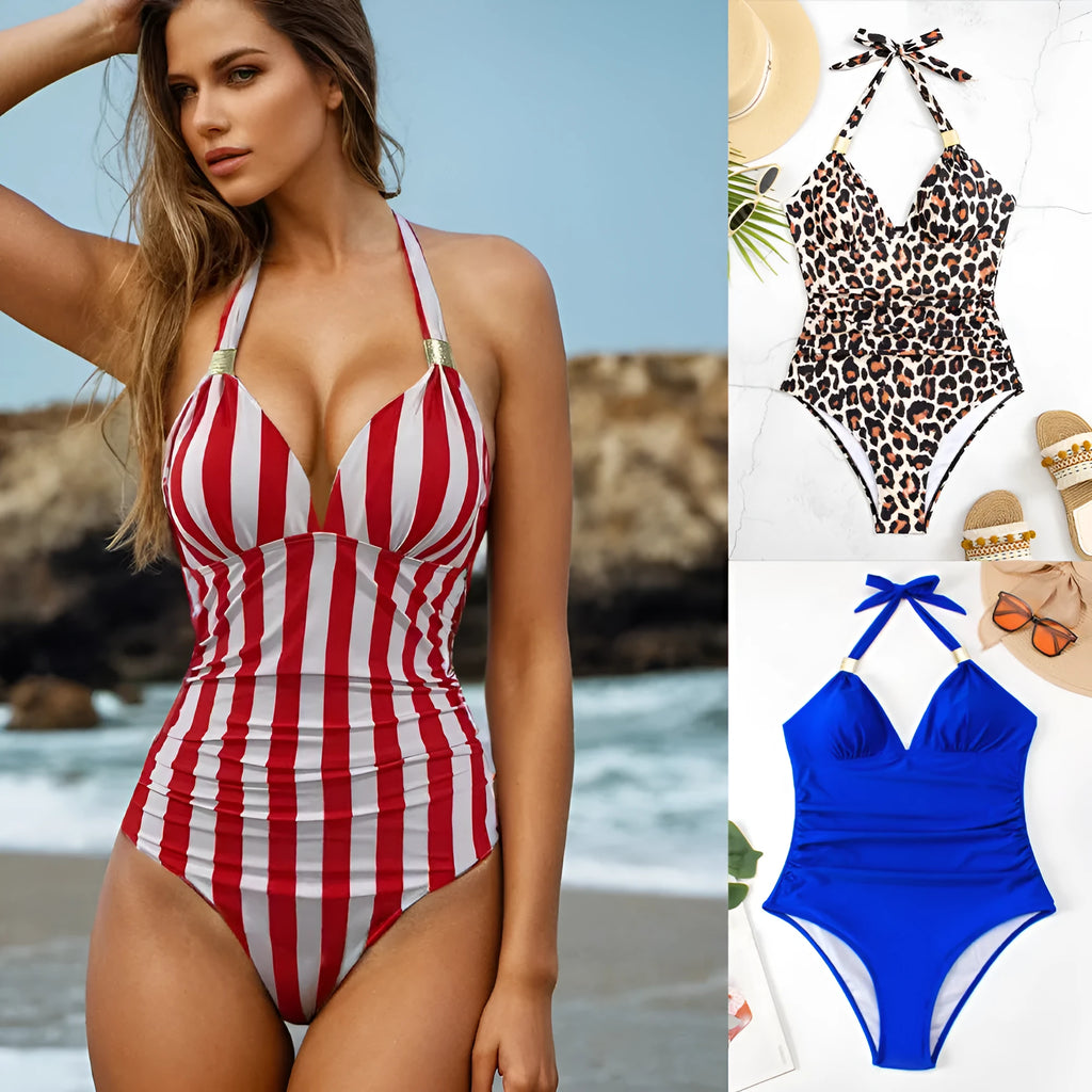 Women's quick-dry one-piece swimsuit in leopard print pattern with conservative thin design