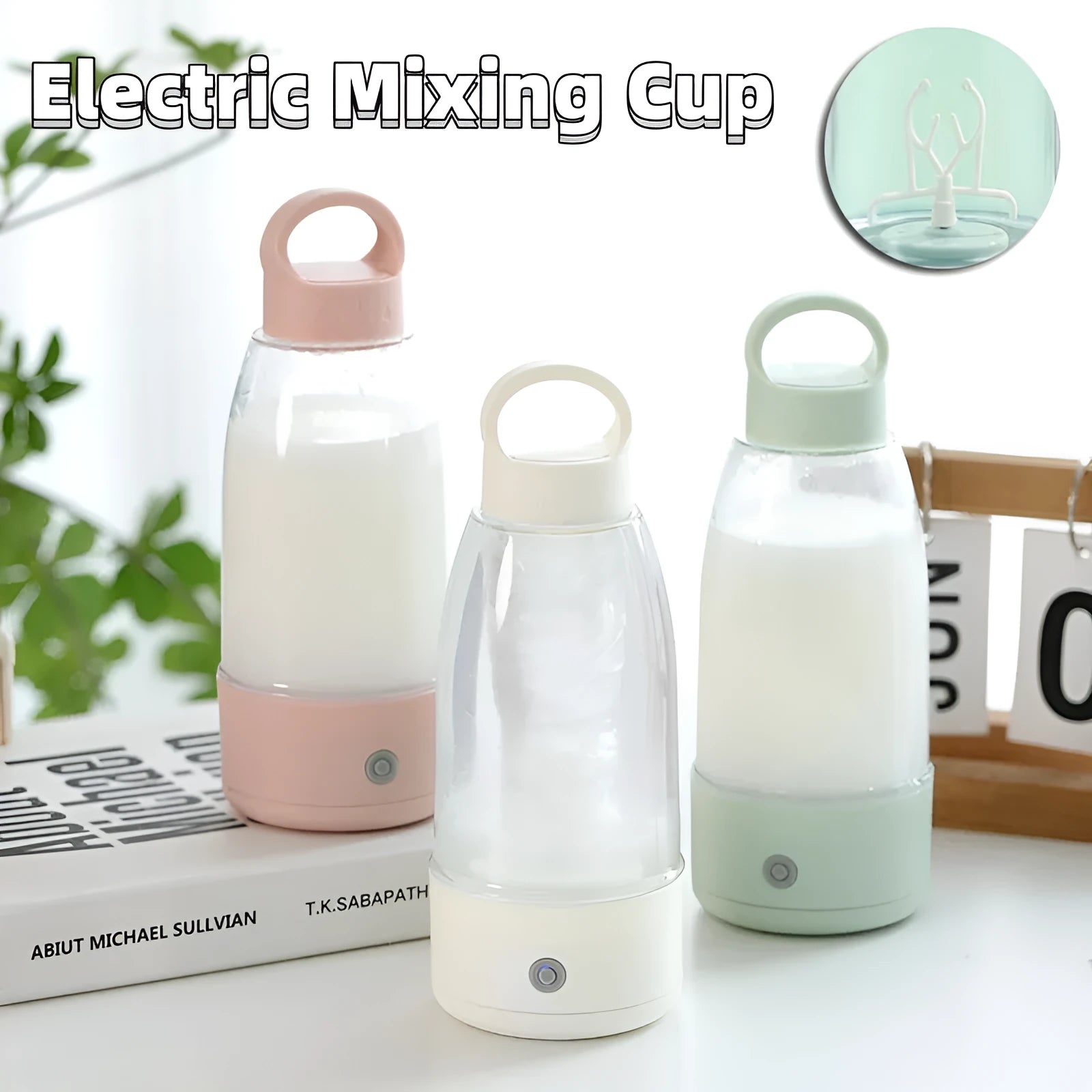 Automatic electric shaker bottle with USB charging, 350ml capacity, plastic construction, in cream white colour