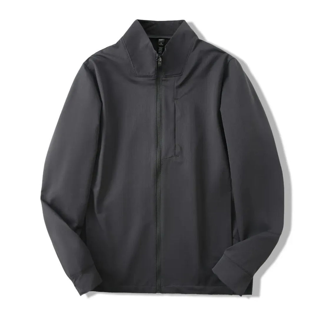 Men's stand collar sports casual jacket in polyester fiber, black colour, straight hem, long sleeves