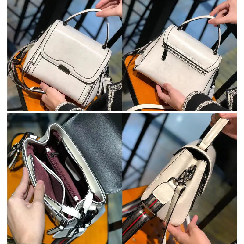 Women's genuine leather messenger bag in horizontal square shape with oil wax finish and multiple internal compartments