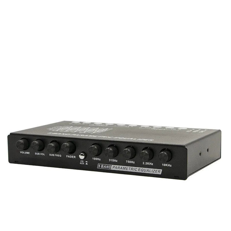 Black car audio EQ tuning amplifier with front panel controls for frequency and volume adjustment