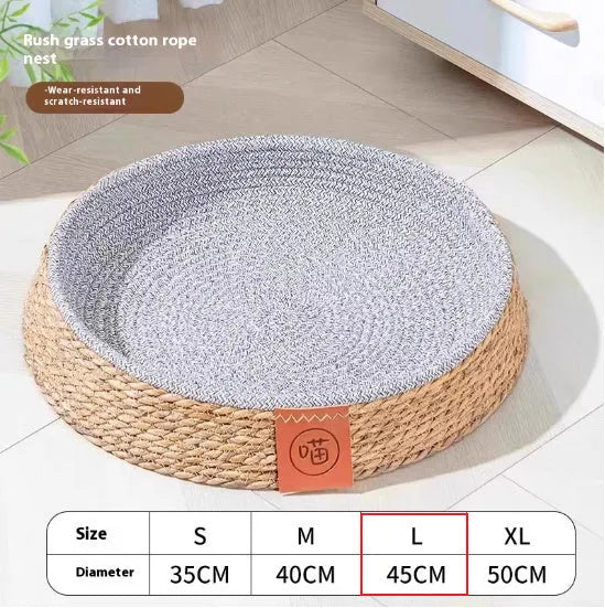 Natural rattan cat bed showing woven construction and open design for ventilation