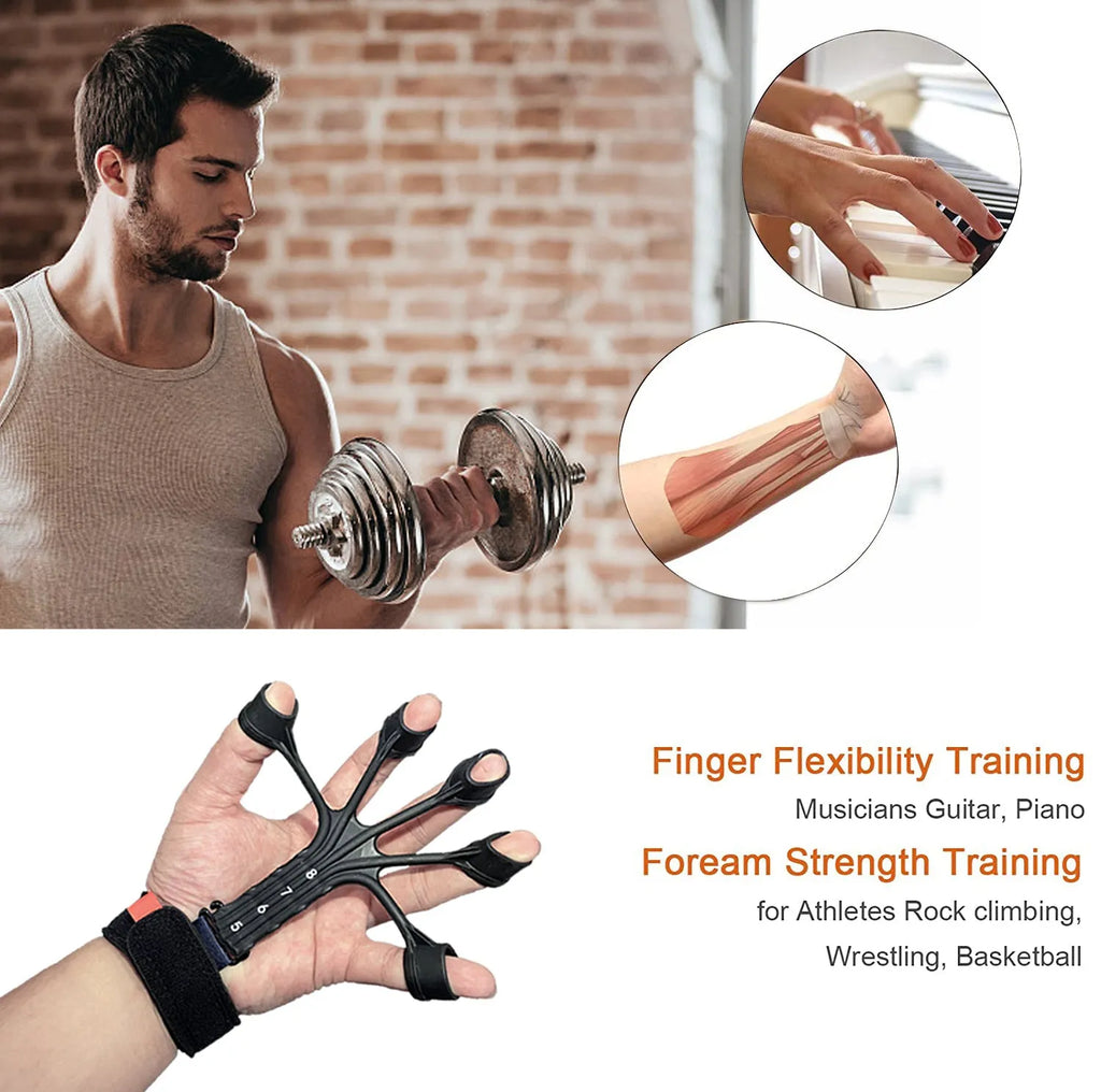 Black silicone finger flexion and extension trainer with adjustable belt for resistance training.
