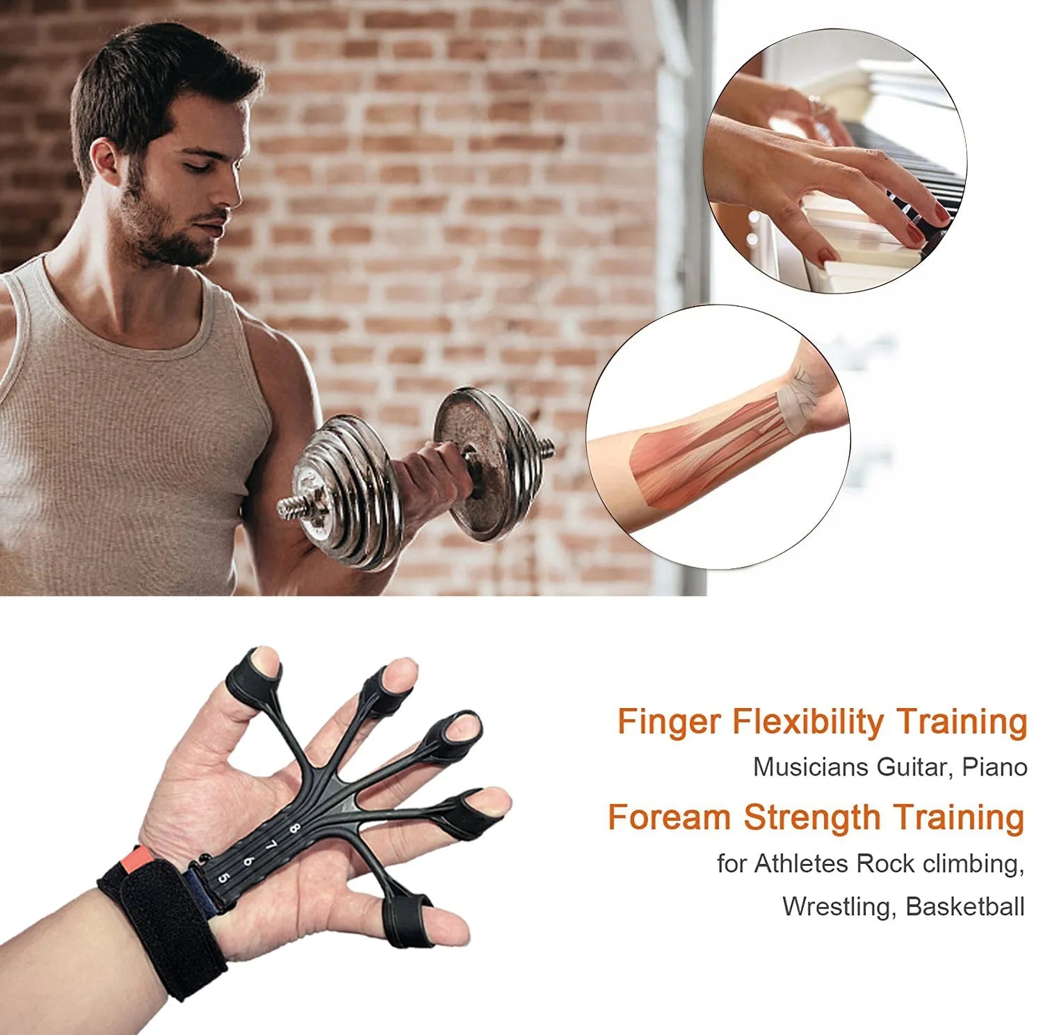 Black silicone finger flexion and extension trainer with adjustable belt for resistance training.