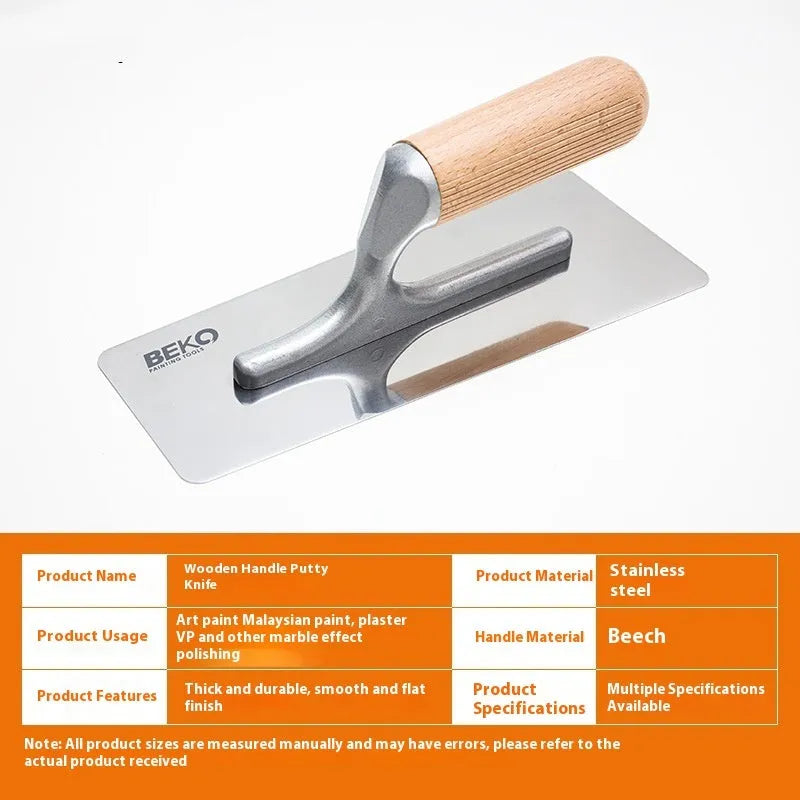 Stainless steel putty scraper with wooden handle in three different blade sizes for wall and floor repair.