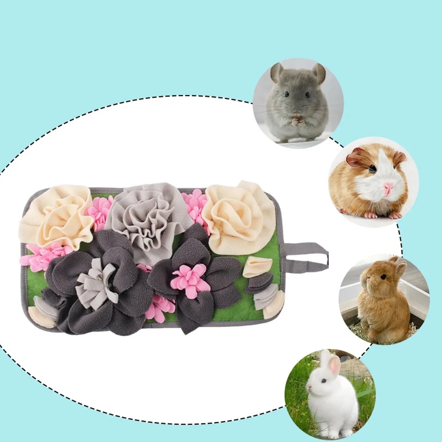 Gray square foraging mat for rabbits and guinea pigs with fabric loops for hiding treats