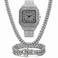 Roman numeral graduation quartz watch set with matching bracelet and necklace in gold finish