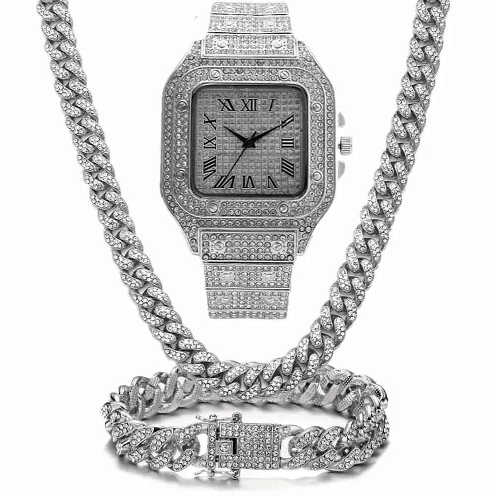 Roman numeral graduation quartz watch set with matching bracelet and necklace in gold finish