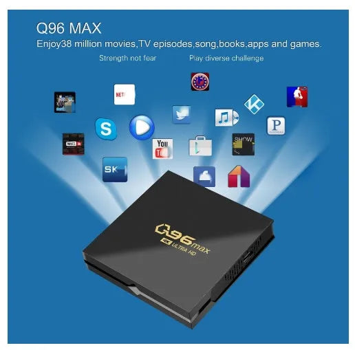 Q96 Max S905 Android TV box with 4K set-top box, remote control, and HDMI cable