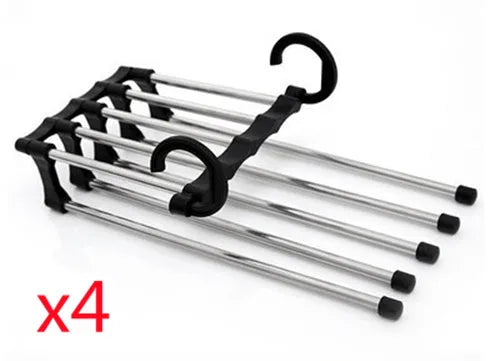 Black 5-in-1 stainless steel trouser hanger with five booms and dual hooks on a clothes rack