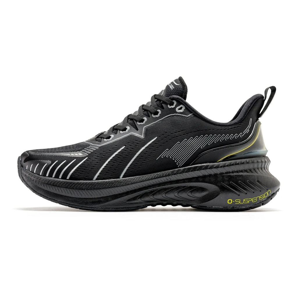Men's black and red running shoes with mesh upper and rubber sole