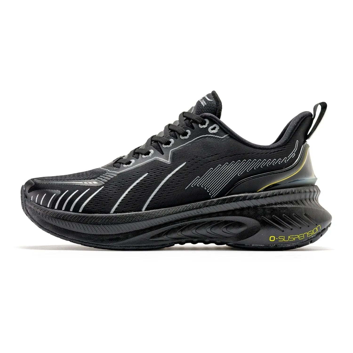 Men's black and red running shoes with mesh upper and rubber sole