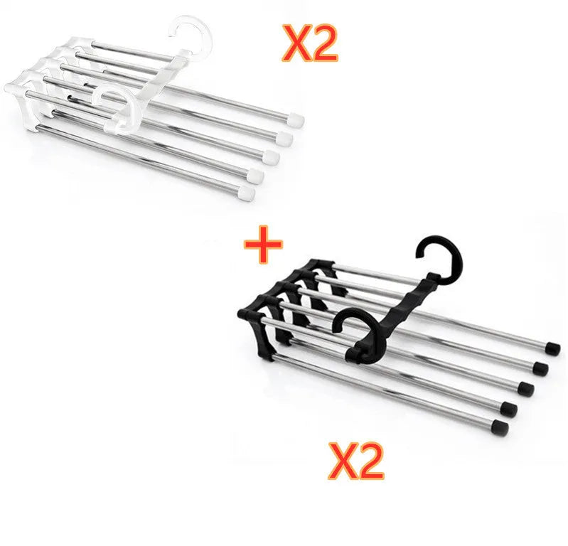 Black 5-in-1 stainless steel trouser hanger with five booms and dual hooks on a clothes rack