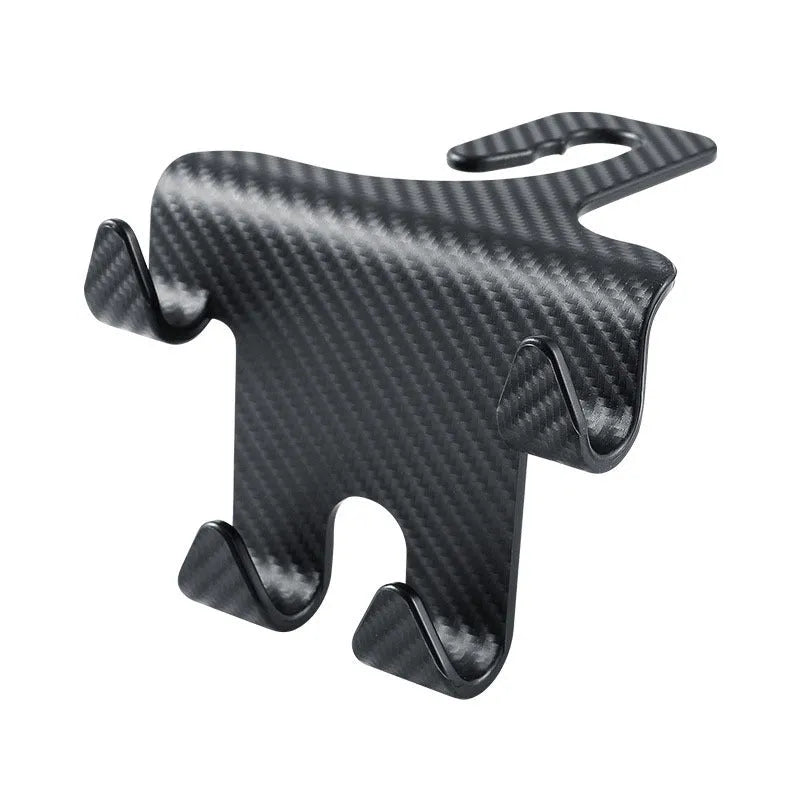 Black ABS plastic car seat back hook with integrated mobile phone holder bracket.
