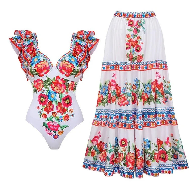 Women's printed polyester one-piece swimsuit available in multiple colour styles and sizes S to XL