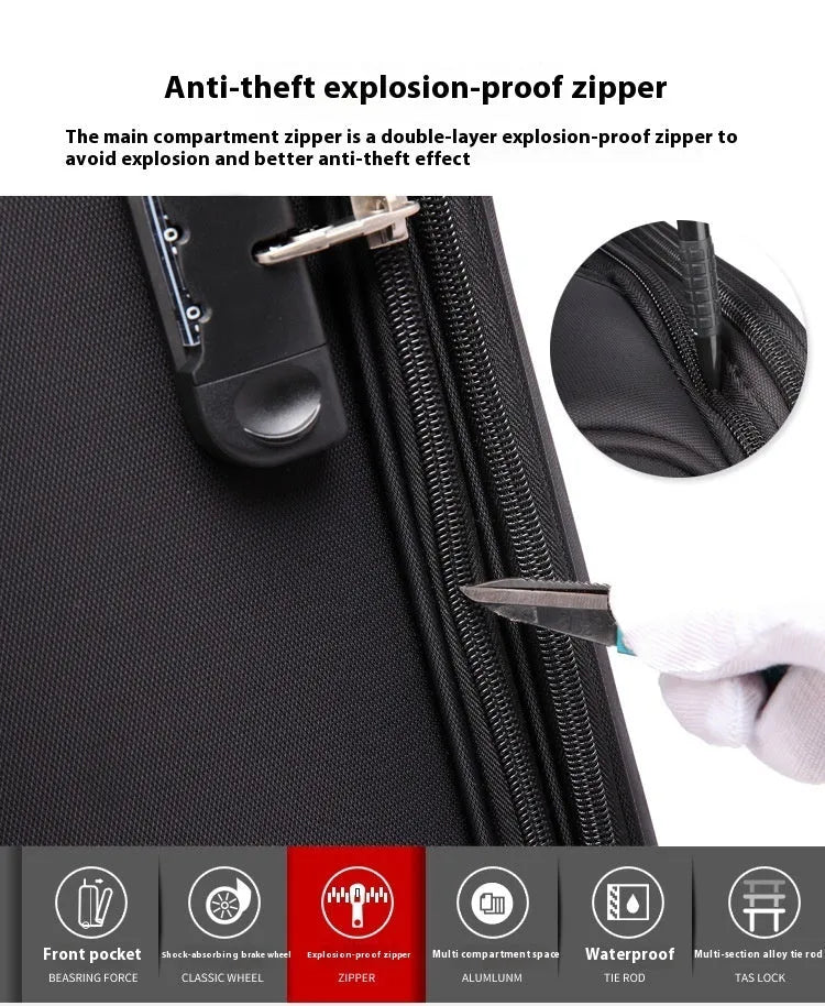 Black 18-inch Oxford cloth business travel suitcase with retractable handle and universal wheels.