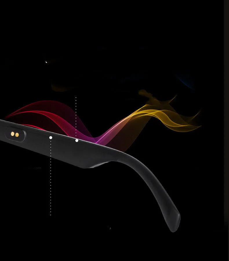 Smart glasses with semi-open ear speakers, polarised lenses, and a unisex PC+ABS frame.