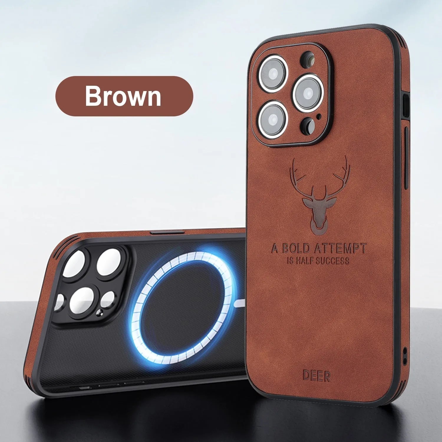 iPhone 16 magnetic charging case with embossed moose head design on imitation leather in multiple colour options