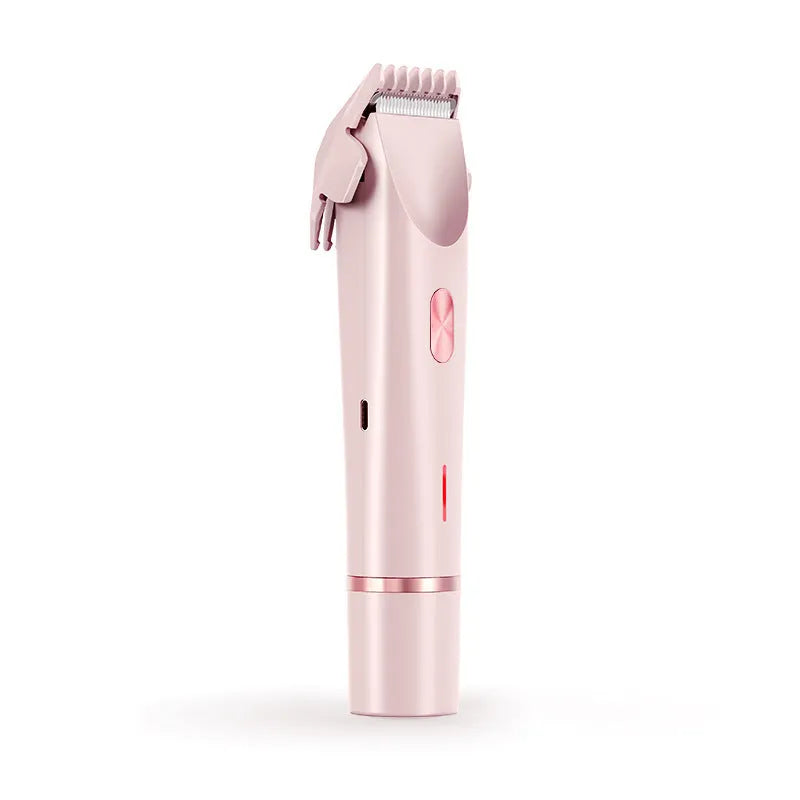 Pink 2 in 1 women's electric hair remover double head shaver with USB cable on white background