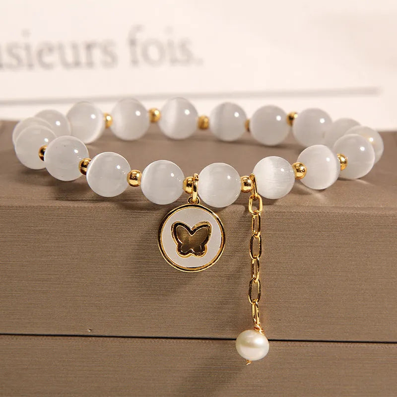 White cat's eye crystal bracelet with geometric beads, Korean-style design, manual finish