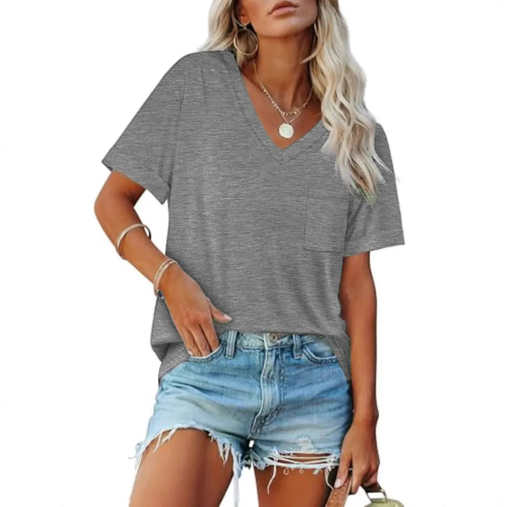 Grey loose fit V-neck short sleeve t-shirt on a hanger