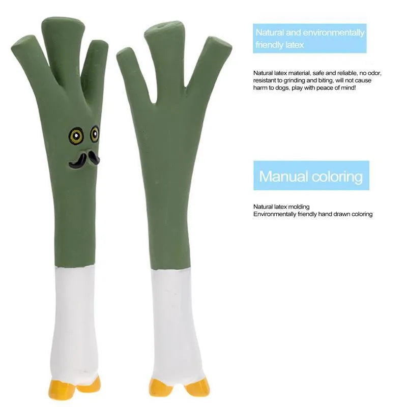 Cute latex vegetable dog chew toy shaped like onion and eggplant, green colour, 7x5x13cm.