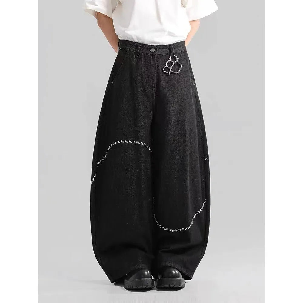 Black straight-leg denim trousers with mid waist and micro-elastic fabric
