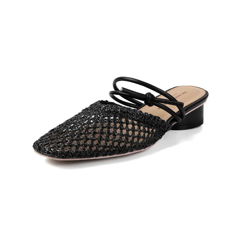 Women's black breathable outdoor slippers with square toe and chunky heel on a rubber sole.