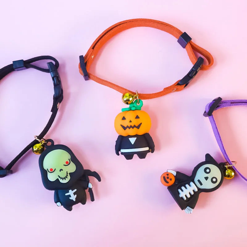 Halloween pet collar decoration showing pumpkin man, luminous brat, and luminous skull patterns with adjustable sizing
