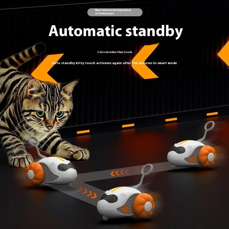 Remote control cat teaser toy in orange with feather attachment on plastic body