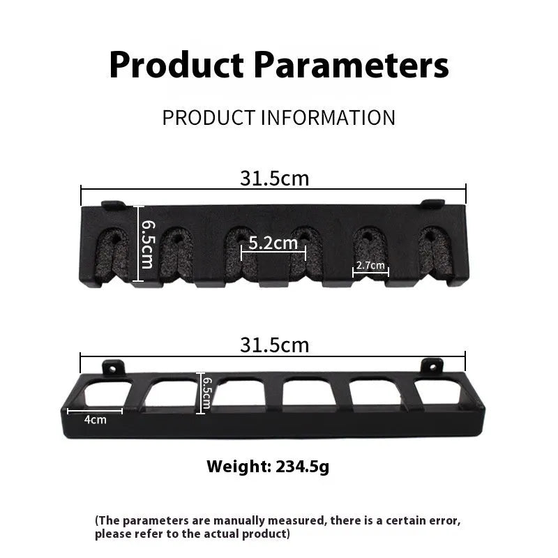 Black ABS plastic wall-mounted fishing rod holder showing upright and horizontal mounting options