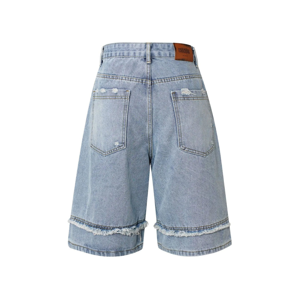 Men's distressed denim shorts with raw edge hem in straight leg fit