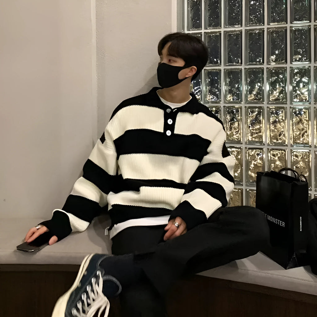 Men's loose striped pullover coat sweater in black, front view, long sleeves, polyester fibre knit