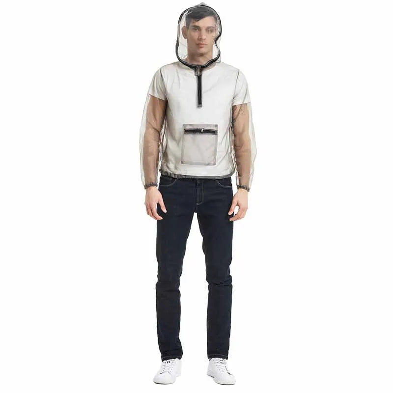Gray mesh insect bite jacket for outdoor camping, hiking, and fishing