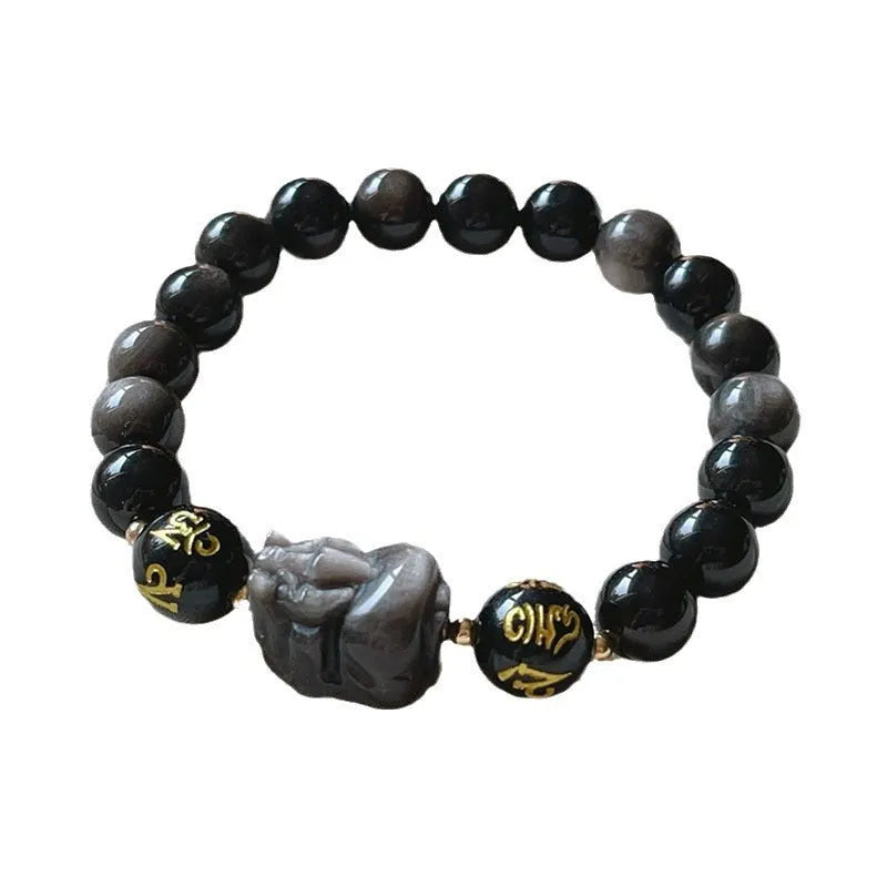 Men's Chinese-style silver stone bracelet with hand-crafted beads featuring zodiac and proverb inscriptions.