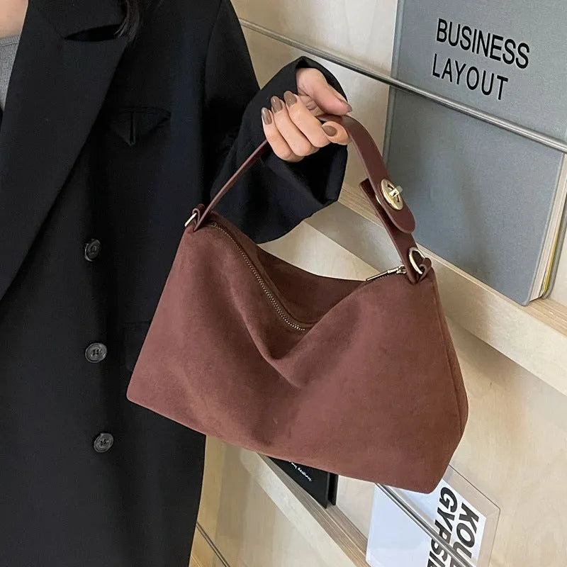 Retro frosted suede underarm handbag with stitching and lock detail in black