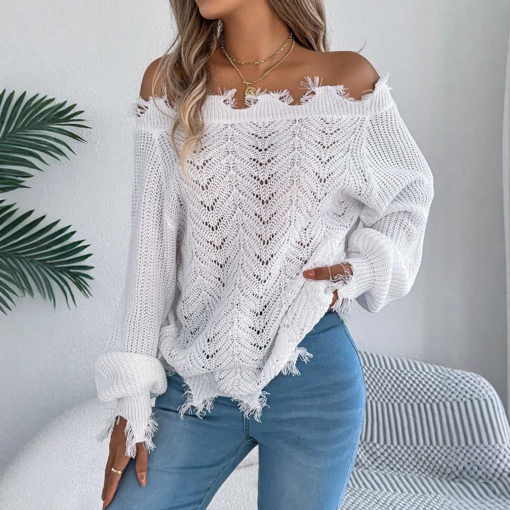 Hollow-out cut off-the-shoulder pullover sweater in artificial wool fabric available in white, orange and black colours