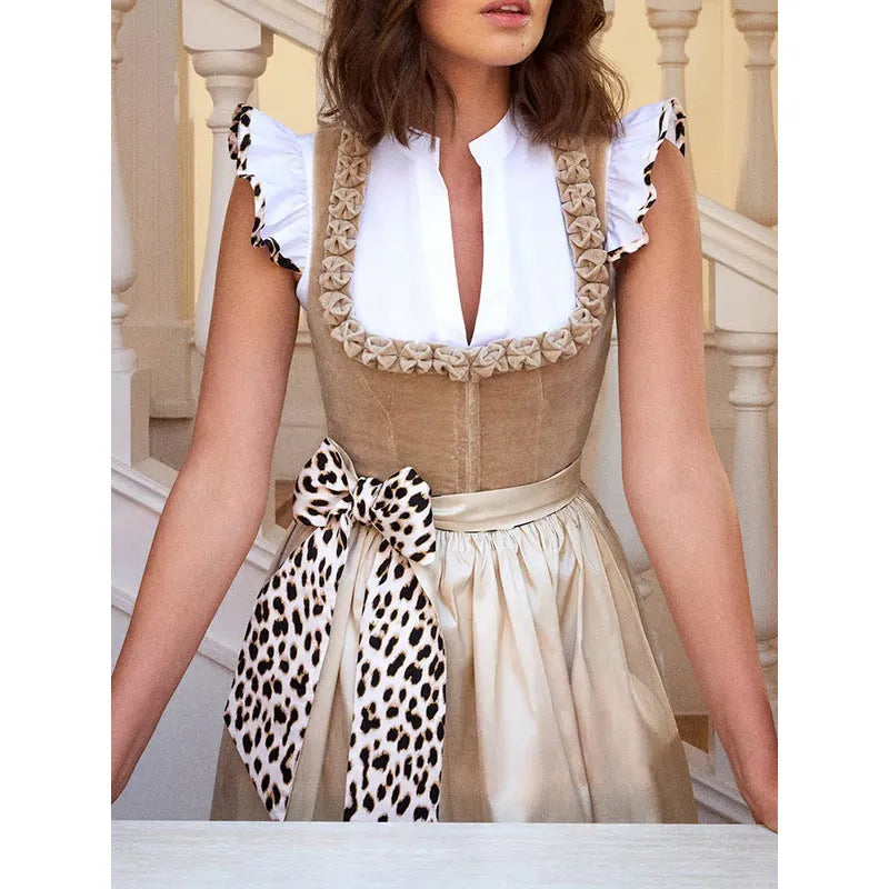 Khaki women's Oktoberfest beer dress in cotton polyester fabric shown on mannequin