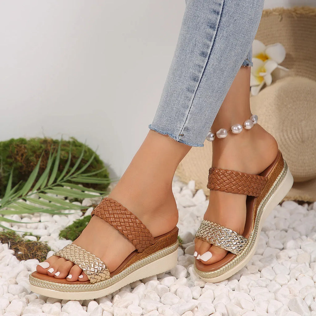 Gold and silver plus size wedge sandals for women, sizes 36-43, with PU upper and rubber sole.