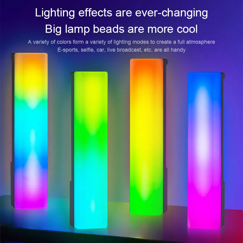 3D RGB music-reactive ambiance lamp with colourful light effects on a desktop