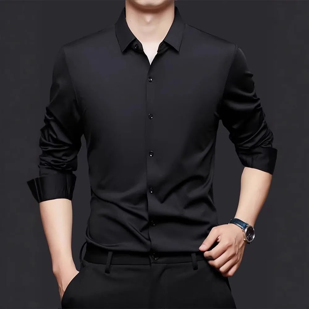 Seamless high elastic long sleeve anti-wrinkle shirt cardigan in white with four-sided stretch fabric