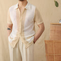 Hollow knit short-sleeve linen cotton lapel cardigan in beige, women's casual top